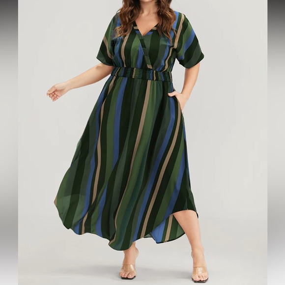 Stripe Dress Green Tan Black - Picture 1 of 2